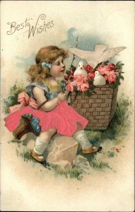 BEST WISHES Little Girl w Doves REAL SILK CLOTHING c1910 Postcard