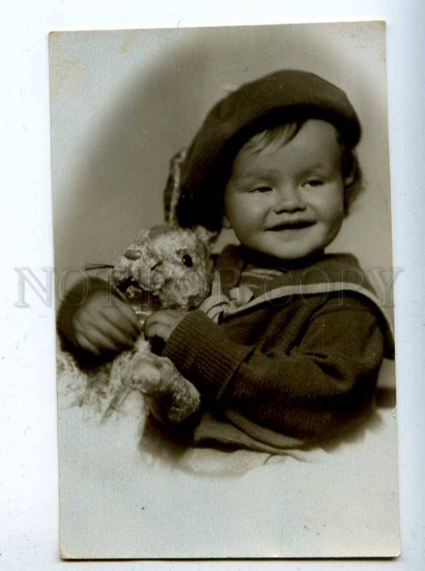 206650 RUSSIA Little Boy Sailor RABBIT Toy Vintage REAL PHOTO