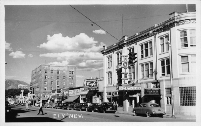 RP Postcard Business Section Street Scene Hotel Cafe Bank in Ely, Nevada~124096