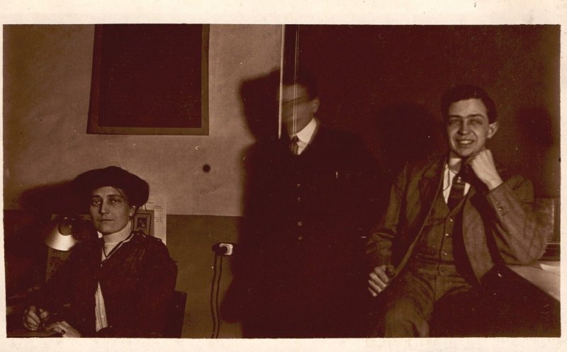 Vintage Postcard Men & Woman Sitting in Office Portrait Real Photo RPPC