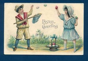 B7729 - Easter Postcard - Children tossing eggs in net
