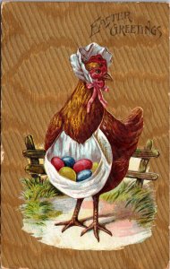 Easter Greetings PC Mother Hen Chicken Wearing Apron with Colored Eggs Inside