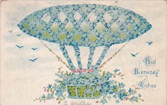 Birthday Wishes Hot Air Balloon With Blue Flowers 1908