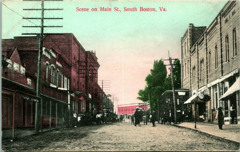 Vtg Postcard 1909 Scene on Main St. South Boston VA - Dirt Street View