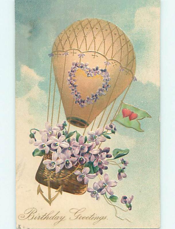 Pre-Linen VIOLET FLOWERS IN HOT AIR BALLOON BASKET HJ4616