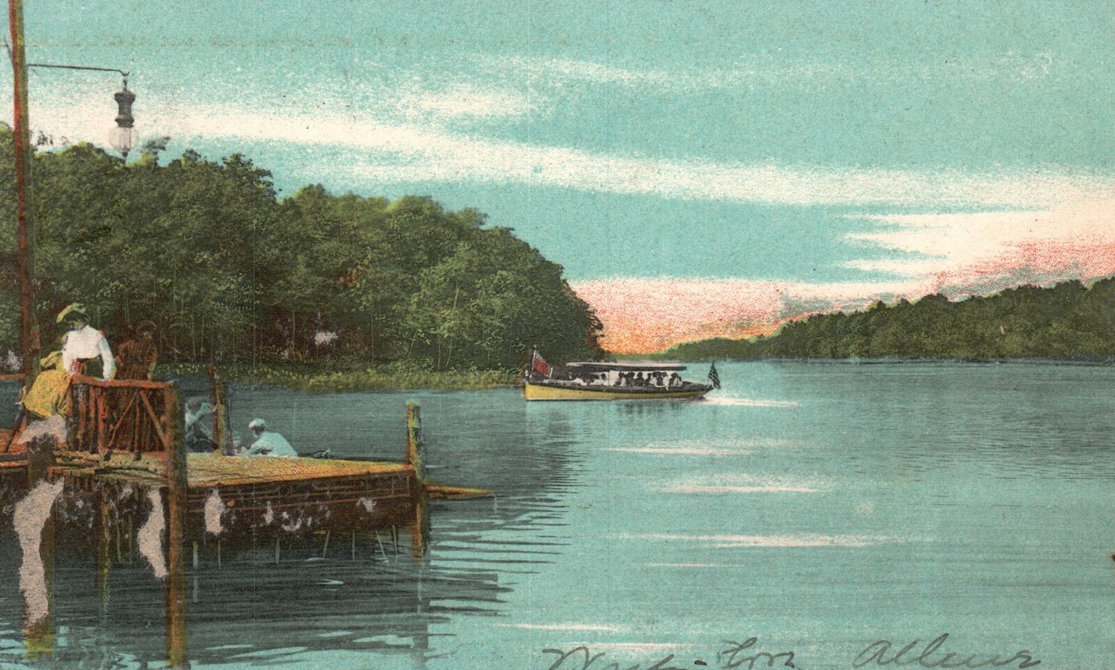 Vintage Postcard 1908 Scenic Picturesque Sunset View River Bridge Boat ...