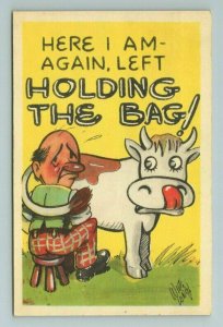 Left Holding the Bag, Cow Milk, Farm, Longy, Comic, Comical, Funny, Postcard