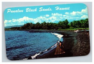 Vintage 1960's Postcard Fisherman at the Shore Punaluu Black Sand Beach Hawaii