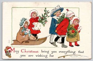 Christmas Wishes Children With Holly Gifts Sled Tuck Series 543 Postcard U27