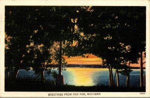 Vtg 1940s Sunset on the Lake Greetings from Paw Paw Michigan MI Linen Postcard