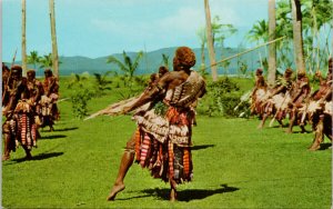 Spear Dance Fiji Men in War Attire c1972 with 16F Stamp Postcard G45