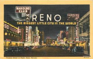 1951 Virginia Street Night Neon autos Reno Nevada Teich linen postcard 5794