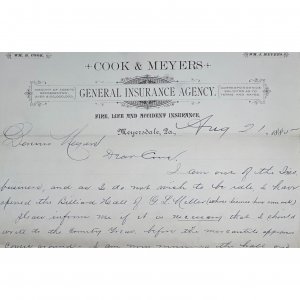 1885 Antique Letterhead - COOK & MEYERS GENERAL INSURANCE - MEYERSDALE, PA