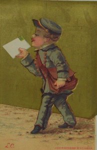 Victorian Trade Card Adorable Boy-Postman Letter Leather Bag F81