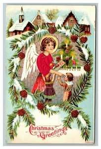 Vintage 1910's Christmas Postcard Angel Giving Presents to Children Xmas Tree