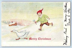Stauter Signed Artist Postcard Christmas Boy Hatchet Chasing Duck Rockland IL