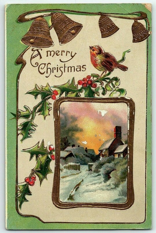 1907-15 A Merry Christmas Postcard House Winter Song Bird Holly Berries Bells 