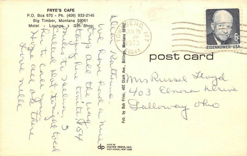 Big Timber Montana 1973 Postcard Frye's Cafe Restaurant