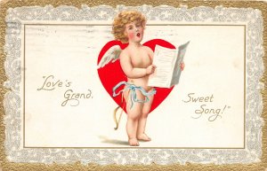 G2/ Valentine's Day Love Postcard c1910 Cupid Singing Heart Gold 13