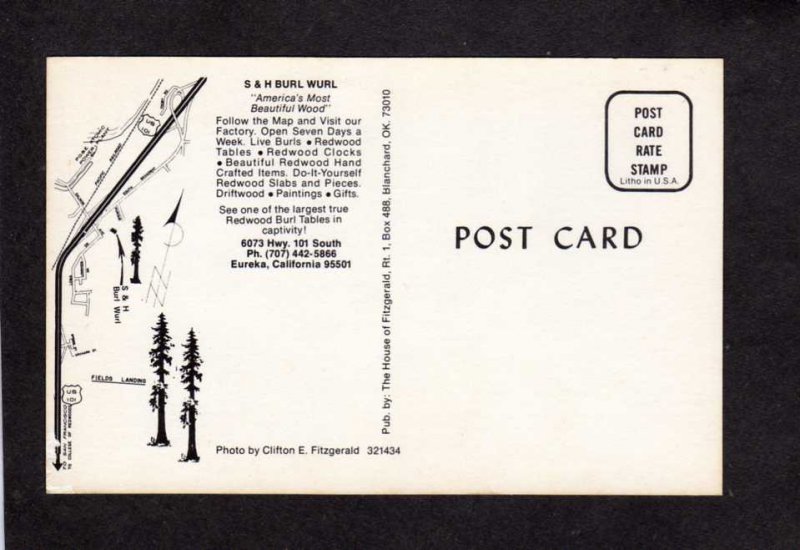 CA S &H Wurl Wood Factory Redwood Trees Forest Eureka California Postcard