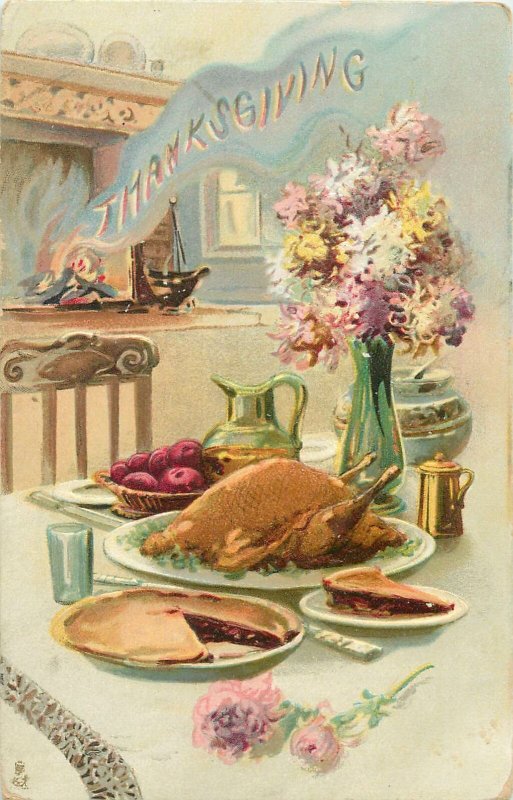 Thanksgiving day dinner table ethnic type traditional food Postcard