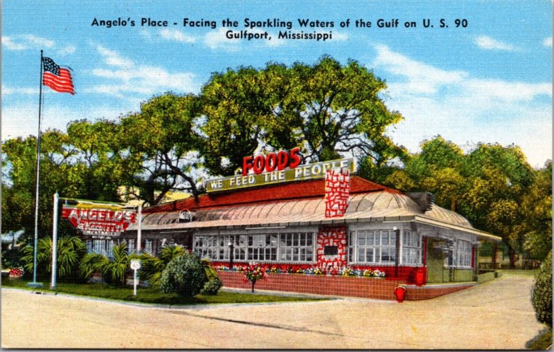 Linen Postcard Angelo's Place Restaurant on U.S. 90 in Gulfport, Mississippi