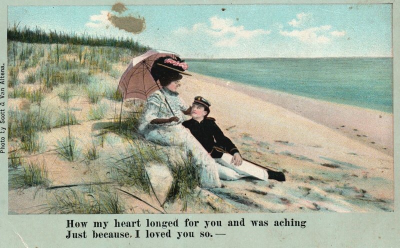 Vintage Postcard Lovers Beautiful Couple Dating On The Beach Romance Valentines