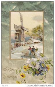 New Year Greetings, Snow covered Windmill and surrounding houses and land, 00...