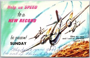 1965 Help Us Speed To a New Record Be Present Sunday Aircraft Posted Postcard