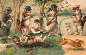 Maurice Boulanger Anthopomorpic Cat Hunting Guns Kittens Vintage Postcard 03.80