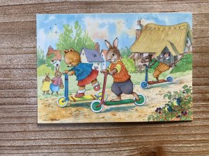 The Scooter Race, Jean Gilder, Rabbit, Teddy Bear, Mouse, Vintage Postcard