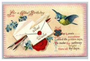 Vintage 1910's Birthday Postcard - Cute Bird Best Wishes Envelope Blue Flowers