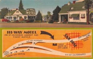 San Jose California Hi-Way Motel Motel Exterior and Map Shown Vintage PC U2368