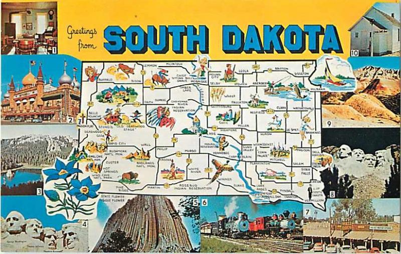 Greetings from South Dakota Map Postcard with Ten Scenes SD