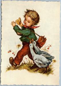 postcard Hilde -two ducks chasing after boy with food