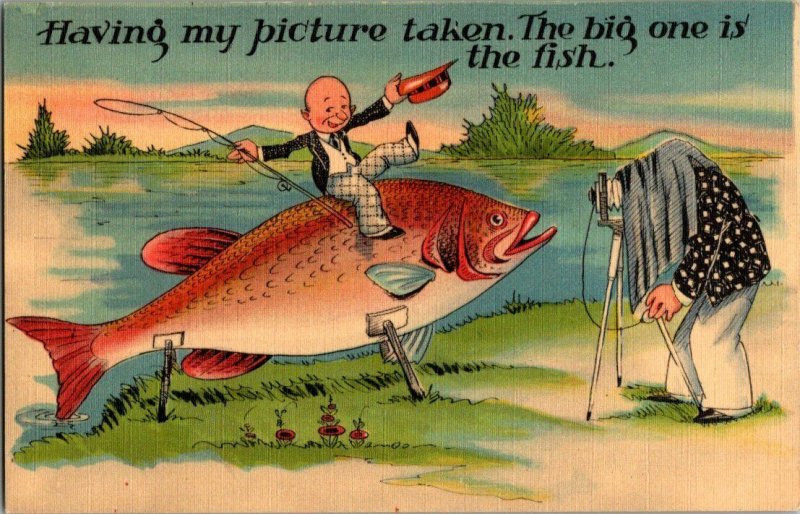 Having My Picture Taken Big Fish Exaggeration Vtg. Postcard Standard View Card 