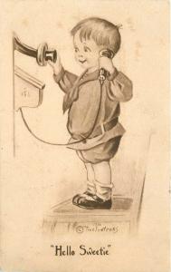 American Artist Impression 1912 Boy Telephone Humor Twelve Trees postcard 2840