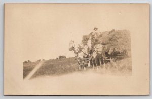 RPPC Farmer With His White Horse Team Large Hay Wagon Real Photo Postcard S22