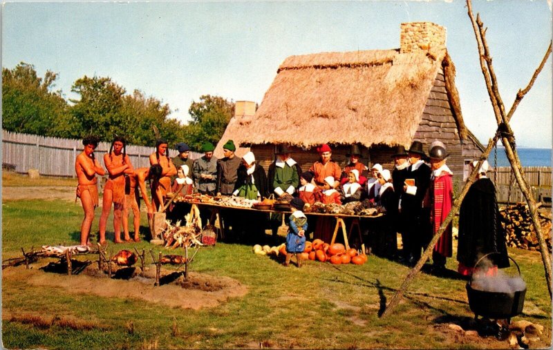 Pilgrims Indians Thanksgiving Celebration Plimoth Plantation Vintage Postcard 