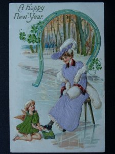 A HAPPY NEW YEAR Ice Skating c1908 Embossed Silk Novelty Postcard