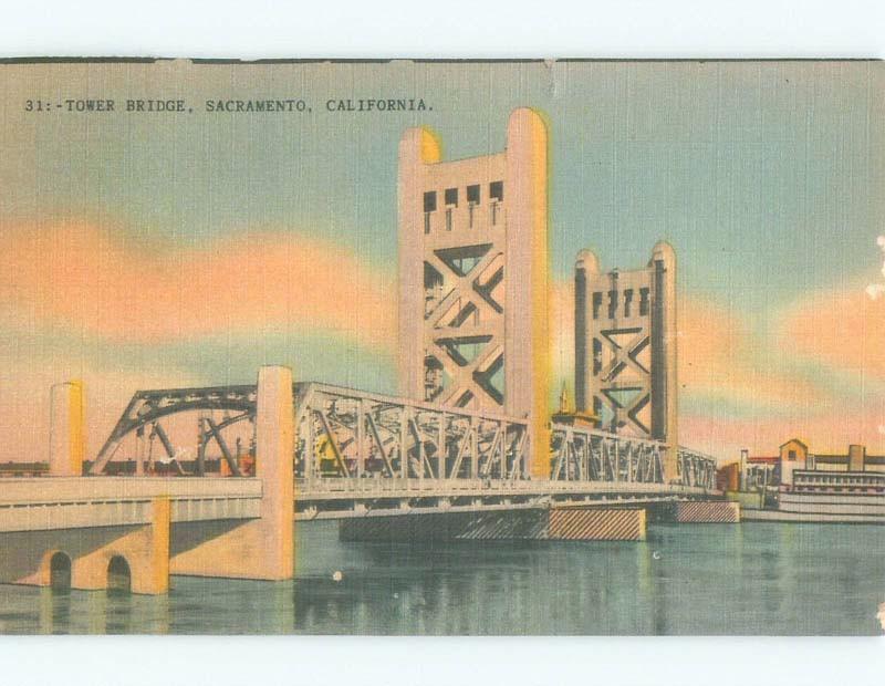 Damaged By Tape On Back Linen BRIDGE SCENE Sacramento California CA d4727