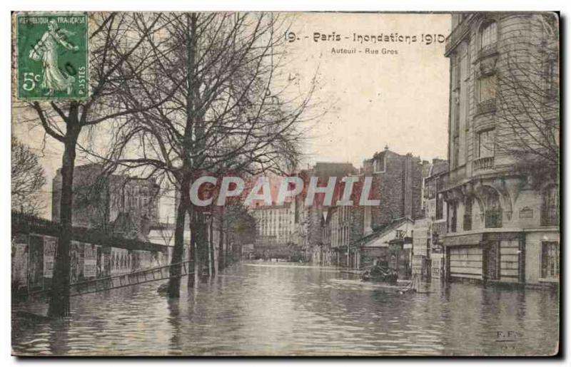 Crue of the Seine Paris Old Postcard Floods Auteuil Rue Gros