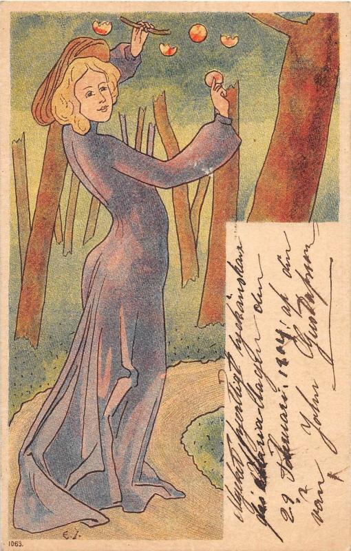 C92/ Artist Signed Postcard c1910 E.I Woman Picking Fruit Art Nouveau 6