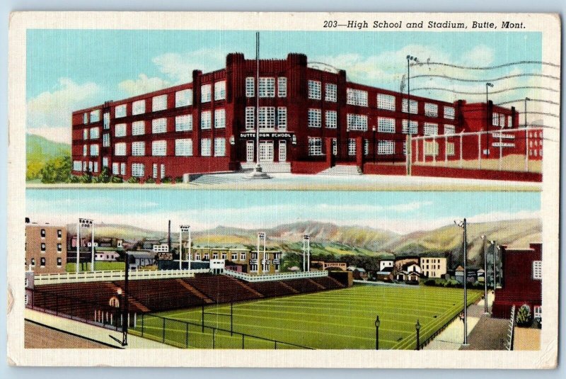 Butte Montana MT Postcard High School And Stadium Dual View 1944 Vintage