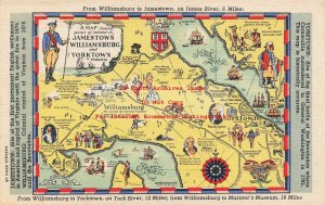 Curt Teich Linen Map Postcard, Willliamsburg-Yorktown Virginia