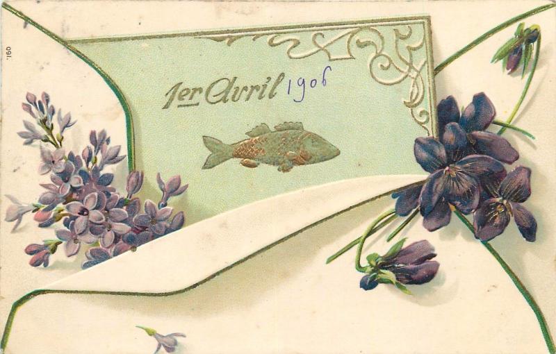 Ancienne Carte Postale Gauffre Embossed 1er Avril Poisson Fish April Fantasy Topics Greetings From Postcard Hippostcard