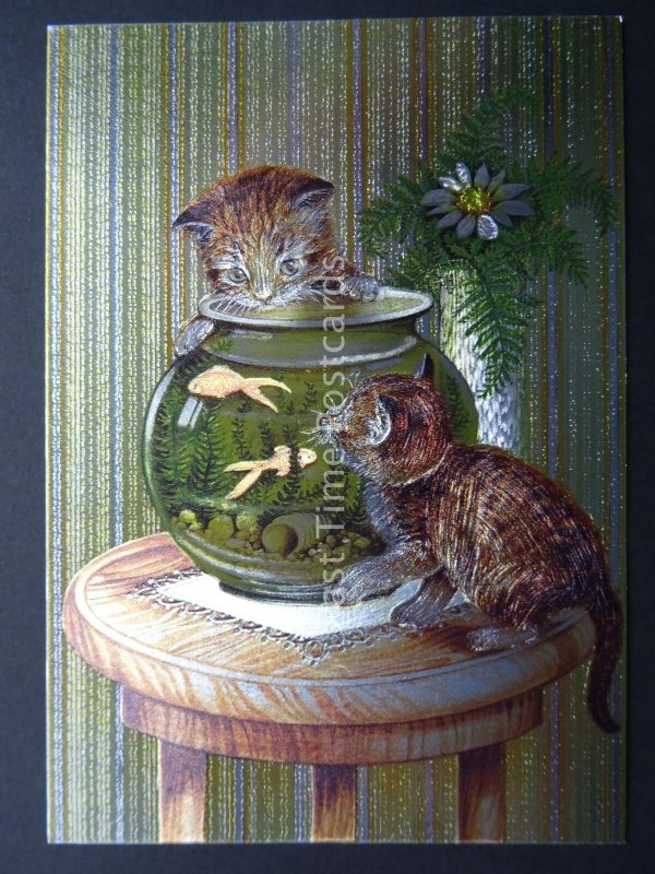 Pussy Cat KITTENS AND THE GOLDFISH c1980's by F J Warren DUFEX FOIL Postcard