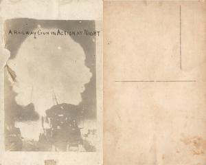 WWI RAILWAY GUN IN ACTION AT NIGHT REAL PHOTO POSTCARD ANTIQUE RPPC railroad