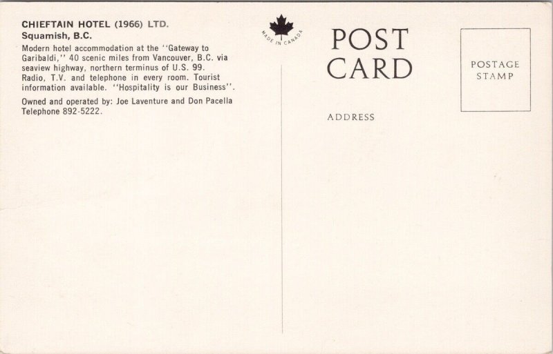 Squamish BC Chieftain Hotel Unused Advertising Litho Postcard H27 