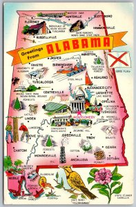 ALABAMA 1950s Greeting MAP Postcard Montgomery Birmingham